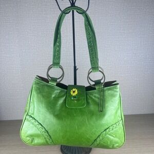 Lesa Wallace Green Leather Handbag Artisan Shoulder Bag Braided Detail Boho